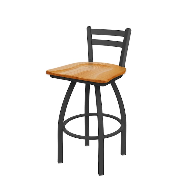 25" Low Back Swivel Counter Stool, Pewter Finish, Med Oak Seat